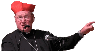 Cardinal Dolan speaking and pointing right.