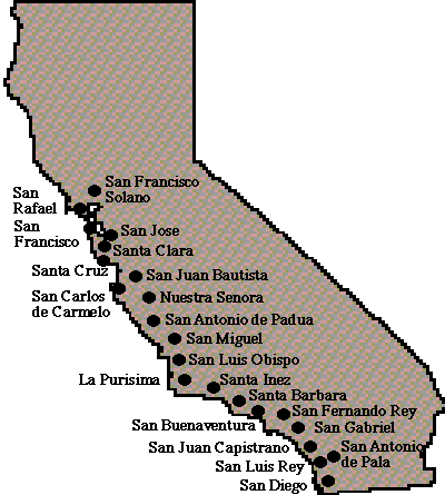 Map depicting the State of California and mission locations along the coast