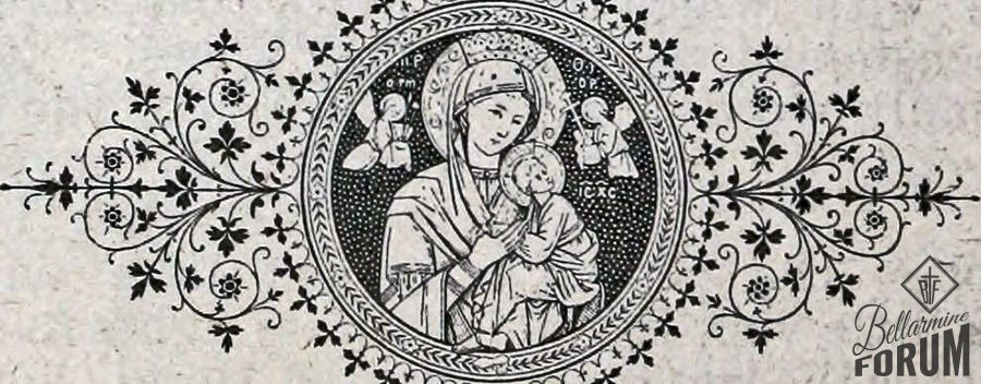 Image of the Blessed Mother inset in a circle with floral flourishes to each side. John B. Manos