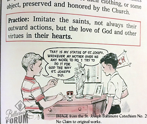Image from the 1964 St. Joseph Baltimore Catechism No. 2 depicting a boy seeking to imitate virtue found in a saint.