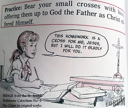Image from the 1964 St. Joseph Baltimore Catechism No. 2 depicting a girl ready to do homework but making an intention of offering it up.