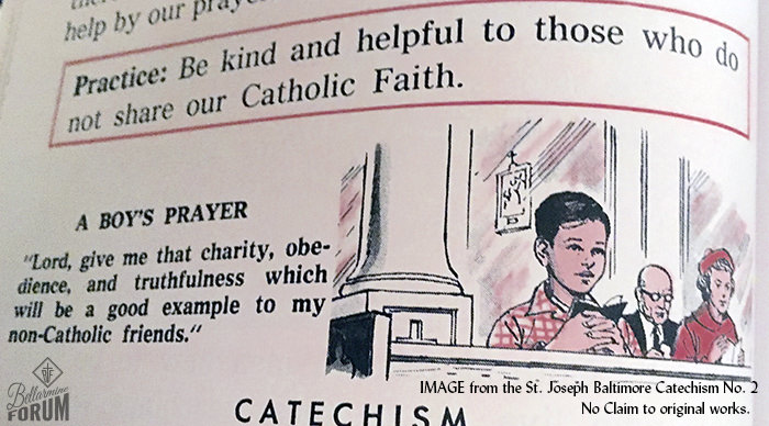 Image from the 1964 St. Joseph Baltimore Catechism No. 2 depicting a boy praying in a church asking for grace to be a better example to others.