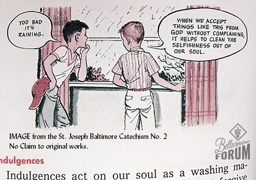 Image from the 1964 St. Joseph Baltimore Catechism No. 2 depicting boys commenting on rain having stopped their plans.