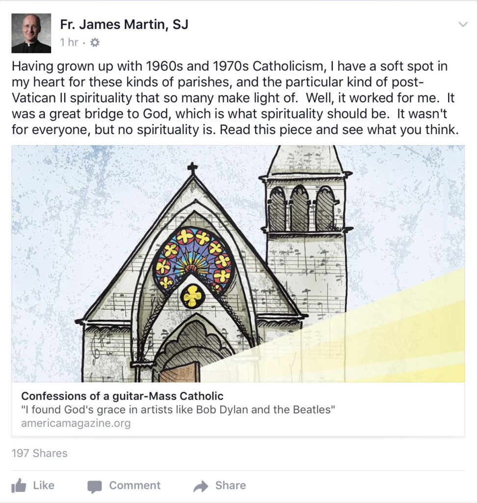 Facebook post by James Martin SJ praising an article about so-called guitar Masses.