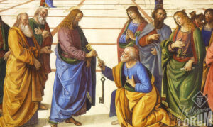 close up crop of Perugino's painting of Jesus handing the keys to St. Peter, who kneels before Our Lord to accept the charge