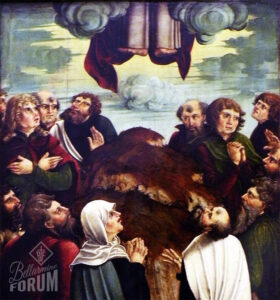 Himmelfart's painting of the Ascension, showing Jesus's feet in the frame and the apostles looking upward