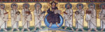 mosaic of Jesus with the apostles to each side, and each apostles holds an item, Peter holds a key, etc