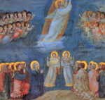 painting of Scrovegni showing Jesus ascending into Heaven, angels receiving Him, the apostles and the blessed mother Mary kneeling and watching, and two angels before them pointing upwards
