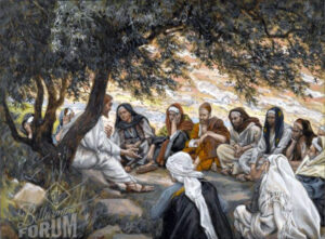 Tissot's painting of Jesus's last visit with the Apostles, exhorting the apostles, titled "The Parting Advice"