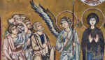 stylized mosaic of a scene of the ascension, showing Mary and an angel facing the apostles who are looking up