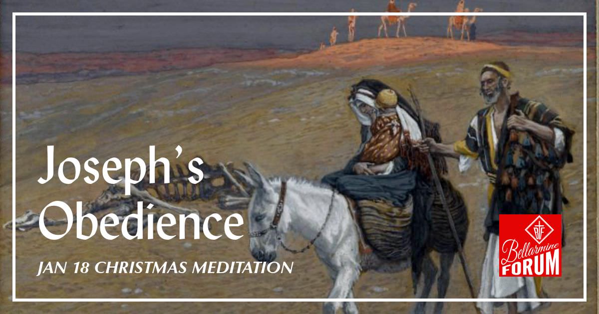 Watercolor image by James Tissot showing Joseph guide the Blessed Mother and Baby Jesus through the desert