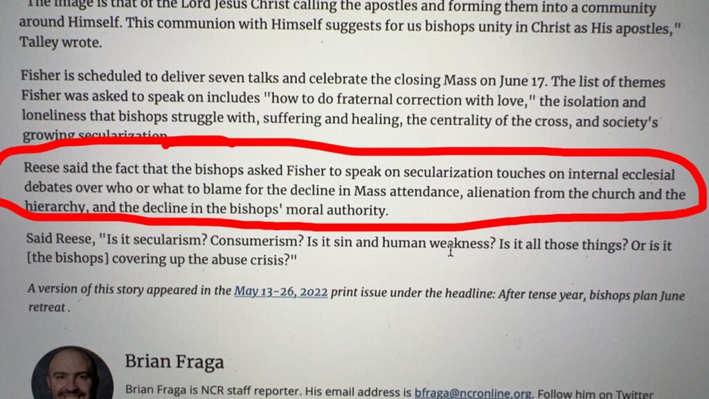 screen capture of a portion of Nat Cath Reporter article with a paragraph about mass attendance and moral authority decline circled in red.