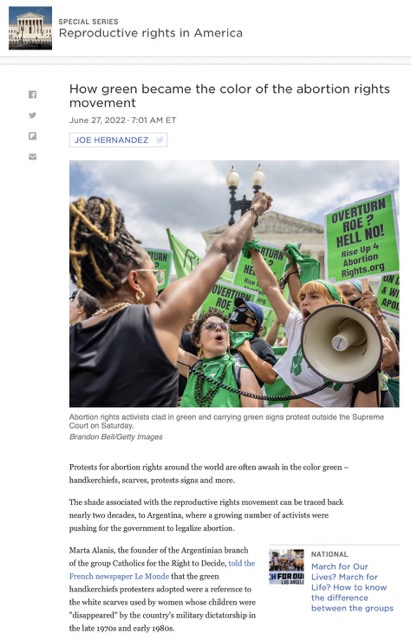 image showing a reasonable depiction of an NPR article prominently depicting green clad protestors at an abortion rights struggle session.