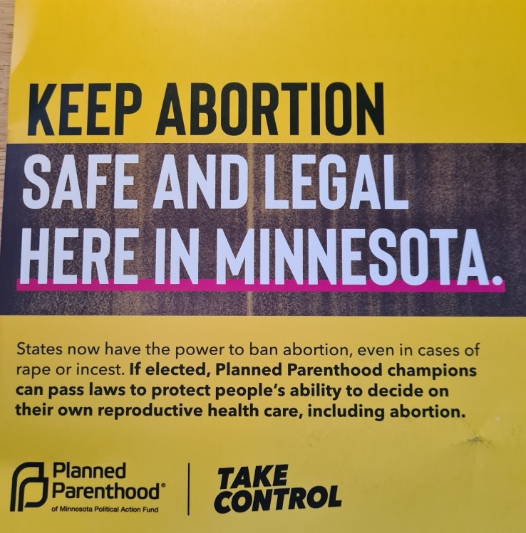 Planned Parenthood postcard with large headline "Keep abortion safe and legal here in Minnesota"