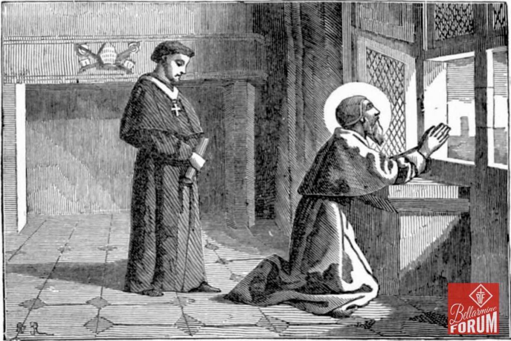 A black and white illustration of two Catholic monks in a monastery setting. One monk is kneeling in prayer, while the other stands holding a book. The scene depicts religious devotion and contemplation within a stone-walled room with arched windows.