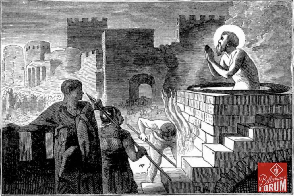 A black and white illustration of early Christian martyrs being persecuted in ancient Rome. One figure is praying while another is being burned at the stake, with Roman soldiers present and a cityscape in the background. The scene depicts Catholic martyrdom under religious persecution.