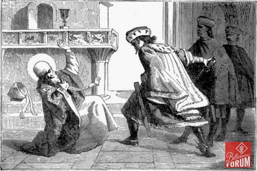A black and white illustration of a Catholic bishop kneeling before a seated saint in a church setting. A man in elaborate robes appears to be pushing the bishop, with other figures observing. The scene suggests a dramatic or confrontational moment within a religious context.