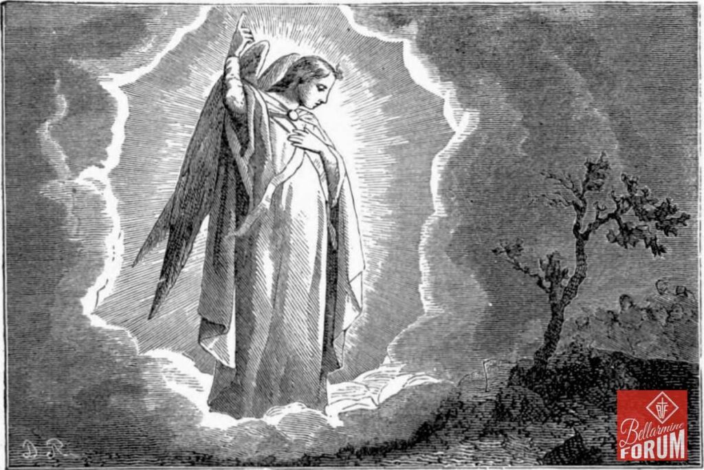 A figure with wings and a robe ascends into a cloudy sky, surrounded by radiant light. The scene is in black and white with Catholic themes of ascension or divine intervention, featuring a barren tree on the right.