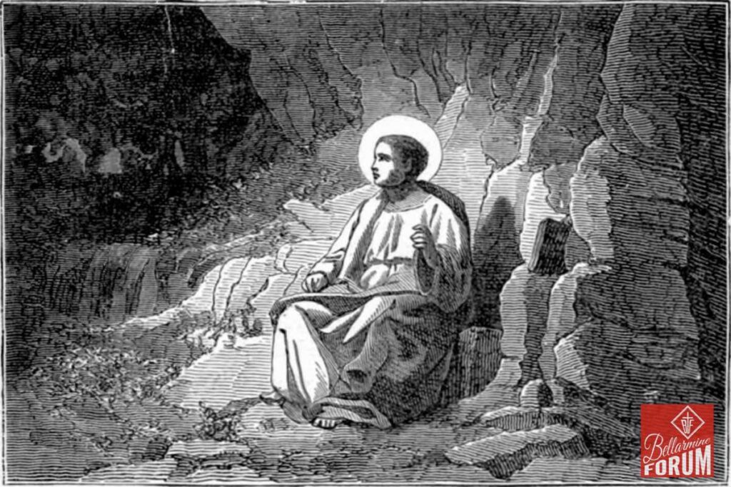 A person with a halo sits in contemplation amidst rocky terrain, dressed in flowing robes, suggesting a religious or spiritual scene. Black and white illustration.
