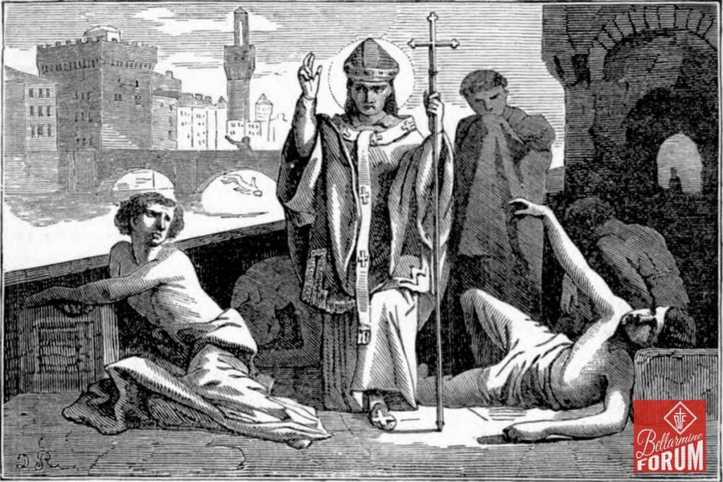 A black and white illustration of a bishop blessing two sick individuals, one seated and the other lying down. The bishop holds a staff with a cross. A cityscape is visible in the background, suggesting an urban setting. The scene conveys a Catholic theme of healing and pastoral care.