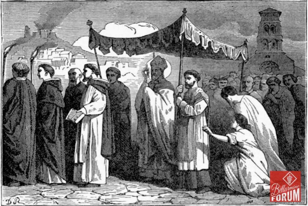 A black and white illustration of a religious procession with clergy in robes, one holding a cross, another a book. A bishop is central, wearing a mitre and holding a staff. People are gathered around in medieval attire, with a backdrop of buildings and clouds. The scene depicts a Catholic religious ceremony or procession.