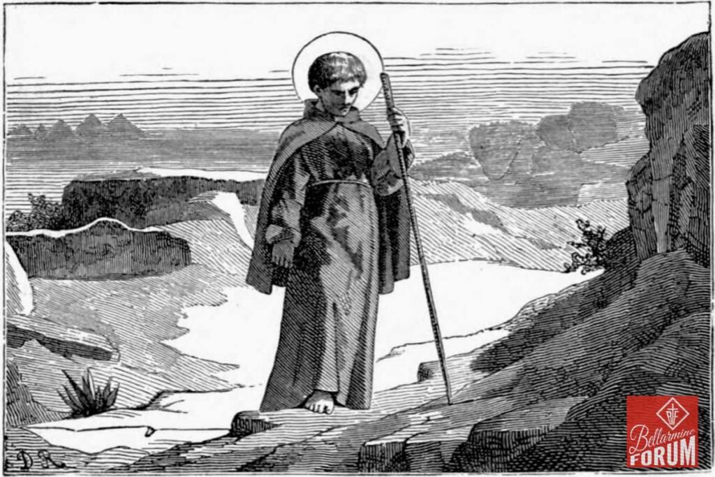 A black and white illustration of a robed saint with a halo, holding a staff and book. The figure stands on rocky terrain under a dramatic sky, evoking themes of pilgrimage or spiritual journey.