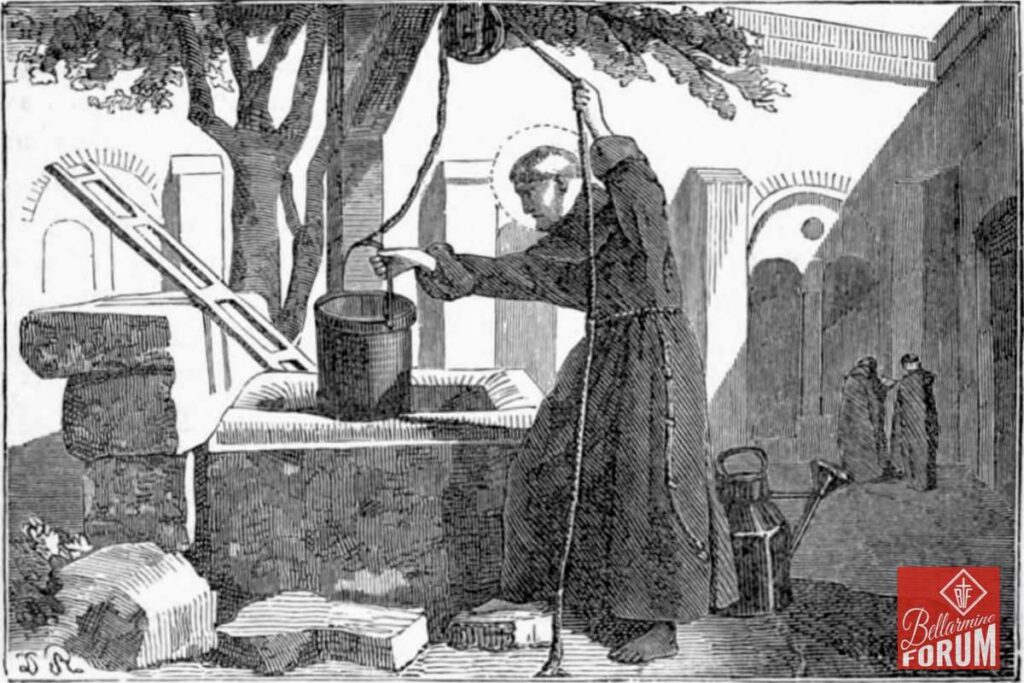 A monk in robes stirs a large pot over an open fire outdoors, with religious architecture and books visible. Black and white illustration of a Catholic setting.