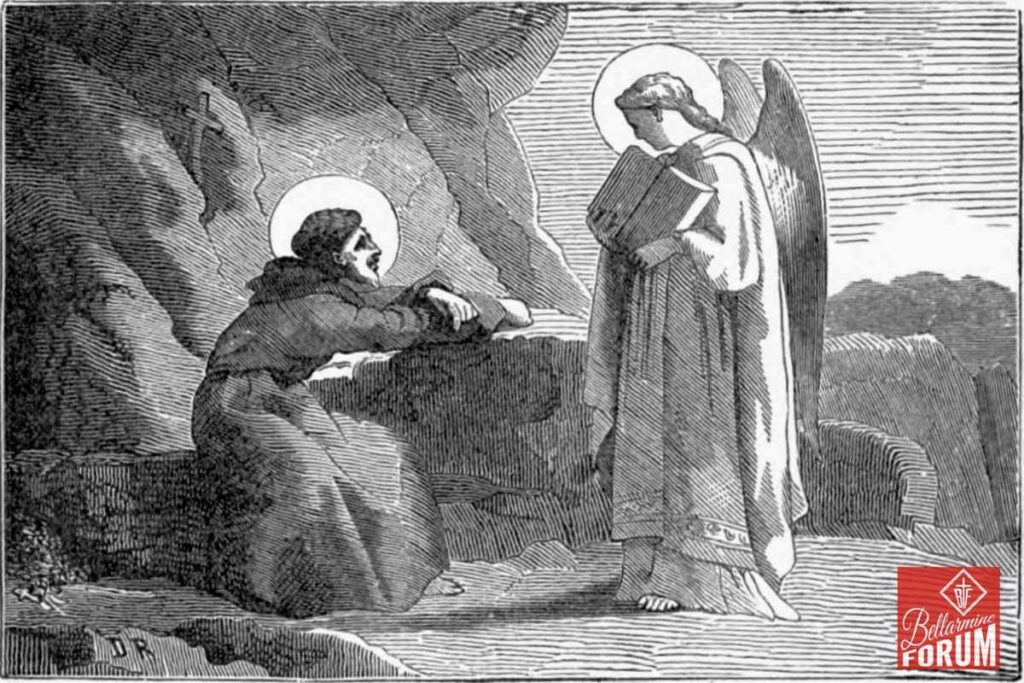 A monk kneels in prayer before an angel holding a book, set against a rocky landscape with a haloed figure in the background. Black and white illustration depicting Catholic religious themes.