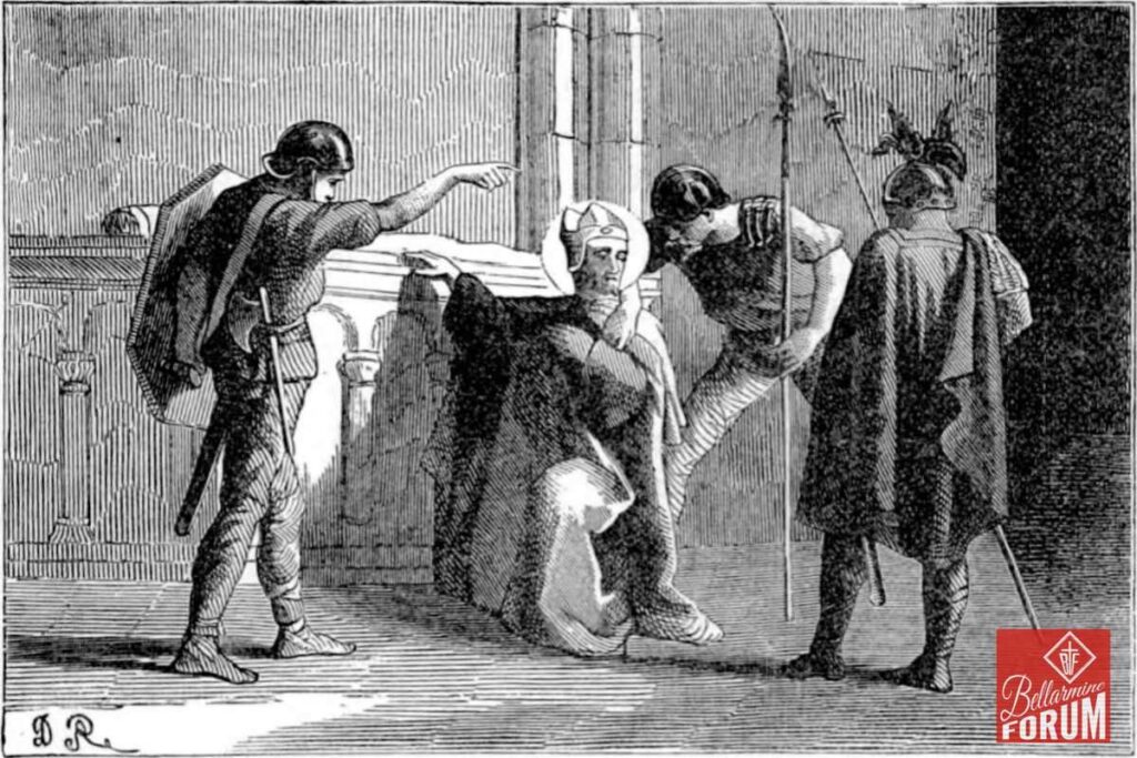 A black and white illustration of four men in historical attire, one kneeling with hands clasped as if praying. One man points towards the kneeling figure while another holds a staff, suggesting a religious or ceremonial scene. The setting appears to be indoors with architectural details in the background.