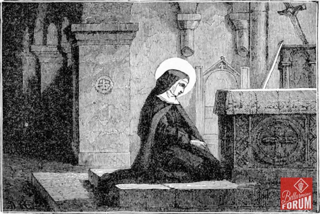 A nun kneels in prayer before an altar in a dimly lit church, wearing a black habit with a white wimple. The scene is set in a Catholic chapel with ornate architectural details and religious symbols.