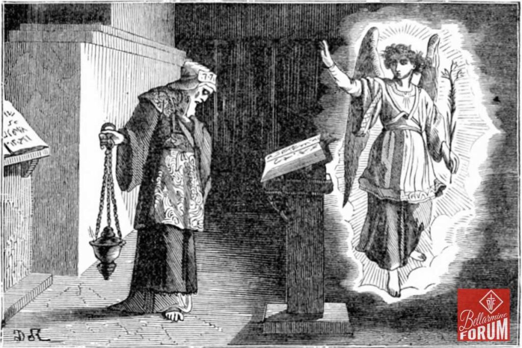 A man with a lantern and robes stands beside an altar, while an angelic figure in flowing garments appears radiant with light. The scene is set indoors, evoking a mystical or religious context.