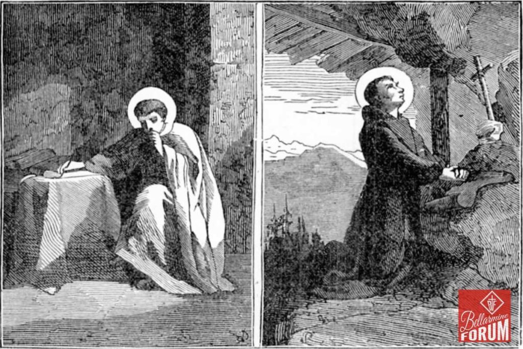 Two black-and-white illustrations of a saint in prayer. Left: Saint kneeling by an altar with hands clasped. Right: Saint praying outdoors near a cross, mountains in the background. Both figures have halos indicating sanctity.