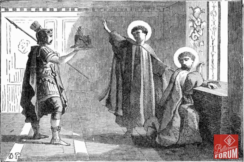 A black and white illustration of a saint in robes, holding a crown of thorns, with an angel kneeling beside him. A soldier stands nearby holding a spear and a sponge on a reed, depicting the Passion of Christ.