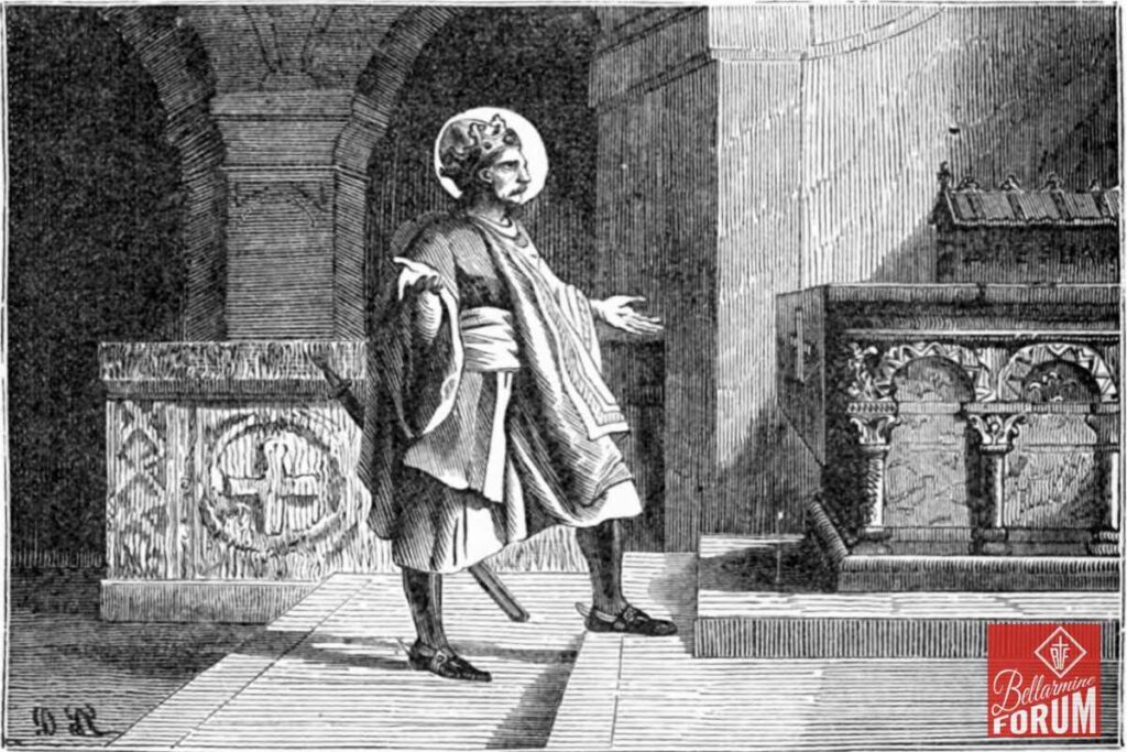 A man dressed in historical religious attire stands in a cathedral, gesturing with his hands. He wears a halo and is near an ornate tomb or altar. The scene features intricate architectural details, including arches and stone carvings with a cross symbol.