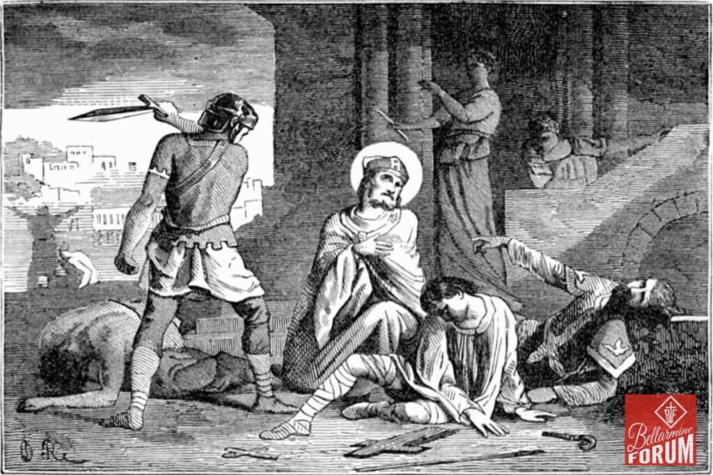 A black and white illustration of a saint being martyred, surrounded by Roman soldiers with swords. The saint is kneeling and appears serene amidst the violence. Depicts a scene of Christian martyrdom, likely from early Catholic history.