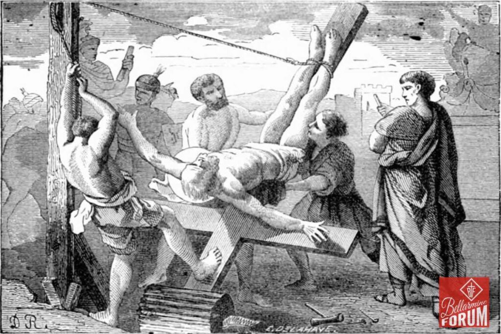 A group of men in ancient attire are depicted torturing a man on a rack, with some holding him down and others operating the device. The scene is in black and white, evoking a historical or biblical context of suffering and persecution.