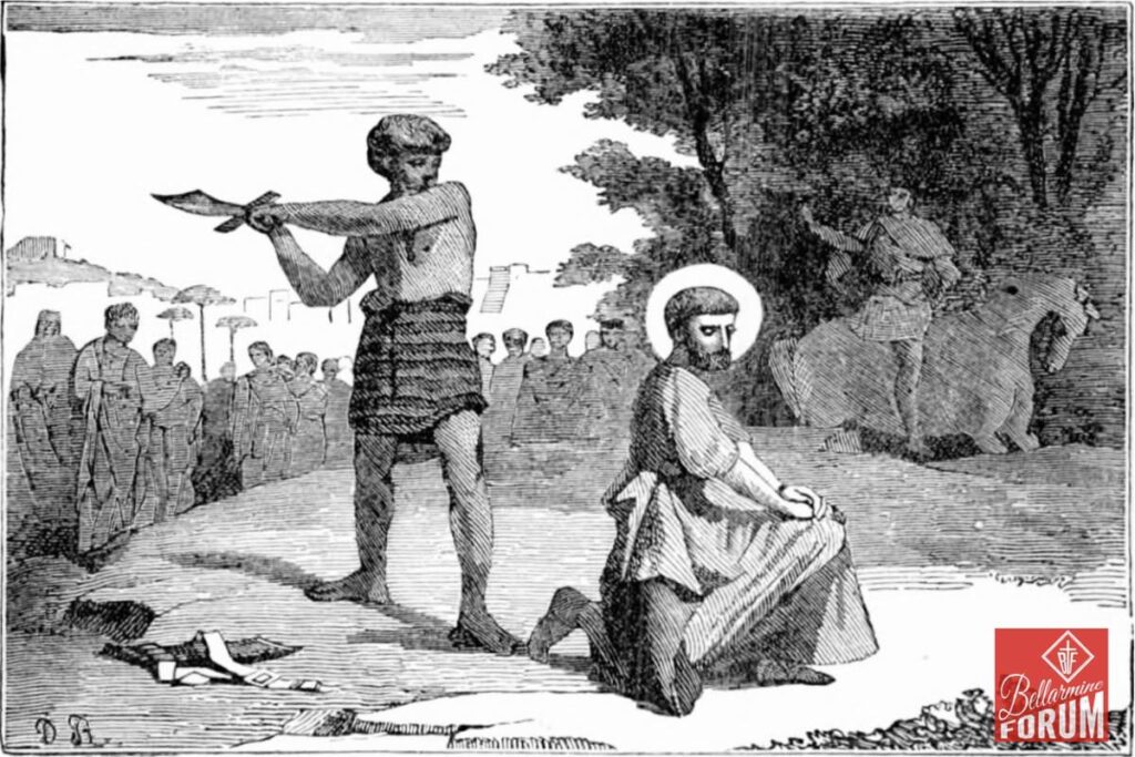 A man kneeling with a halo, likely Jesus, being whipped by another man in ancient attire. A crowd watches from the background. Black and white illustration depicting a biblical scene of suffering, likely related to Catholic themes of Christ's Passion.