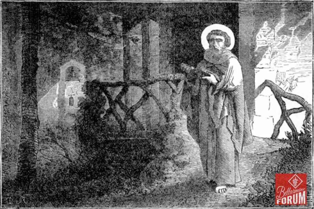 A black and white illustration of a saint holding a cross, standing in front of ruins with a church in the background. The scene evokes themes of faith and resilience, typical of Catholic iconography.