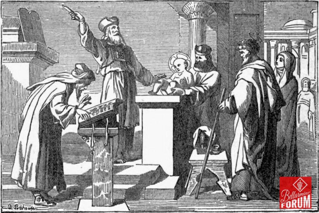 A black and white illustration of a Catholic baptism ceremony. A priest holds an infant over a font while others observe, including a woman holding a candle and another person with a book. The scene is set in an ornate room with religious artifacts.