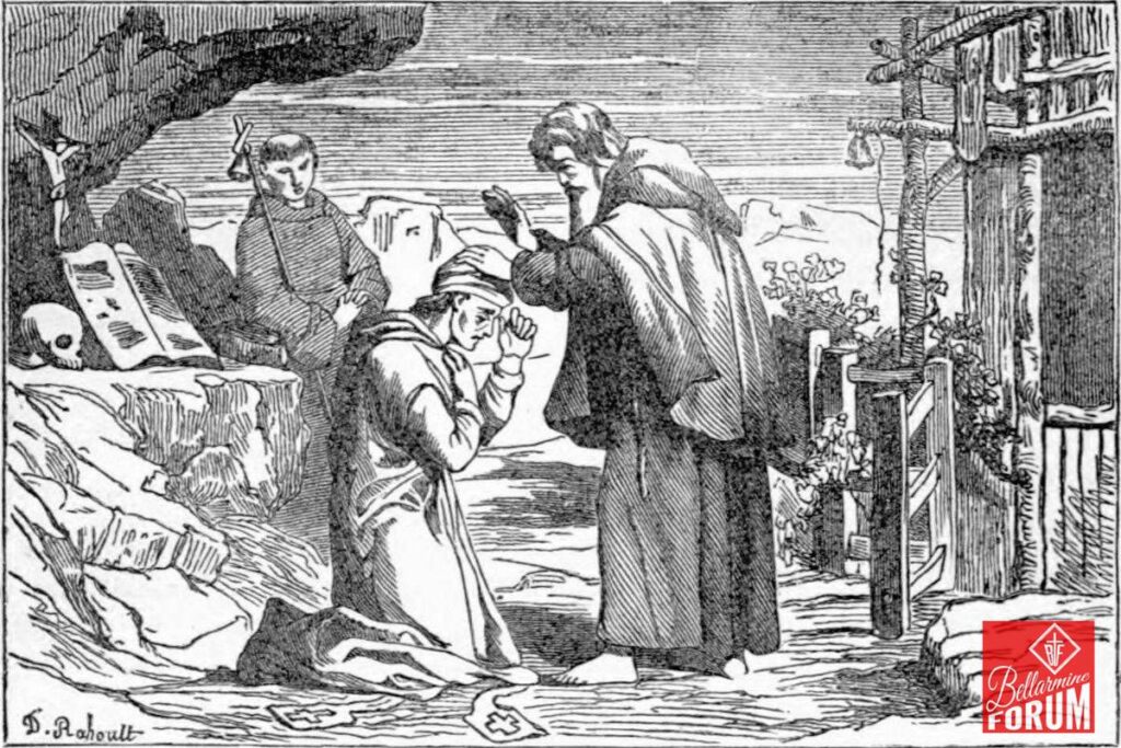A black and white illustration of a Catholic exorcism scene. A priest performs an exorcism on a kneeling person, with another figure observing and religious items scattered around. The setting appears to be an old room with a bed and various objects, including crucifixes and books.