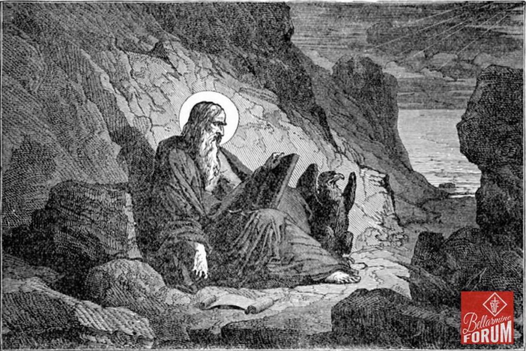 A black and white illustration of an elderly man with a halo, sitting in a cave by the sea. He is surrounded by sleeping animals and appears to be praying or meditating, evoking a serene, contemplative Catholic theme.