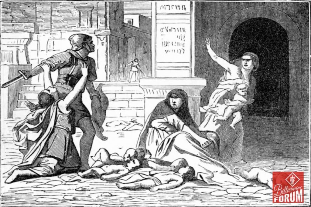 A black-and-white illustration depicting a violent scene with Roman soldiers attacking people, likely Jews, in an ancient city. One soldier holds a sword while others are subdued or killed. A woman is seen pleading in the background, with Hebrew text on a wall. The scene evokes themes of persecution and martyrdom.
