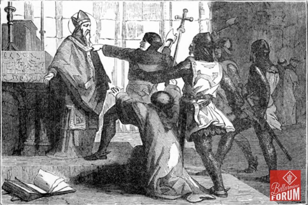 A black and white illustration of a medieval Catholic exorcism scene. A bishop in robes holds a cross, while several figures restrain a person on the ground. An open book lies nearby in what appears to be a church setting.