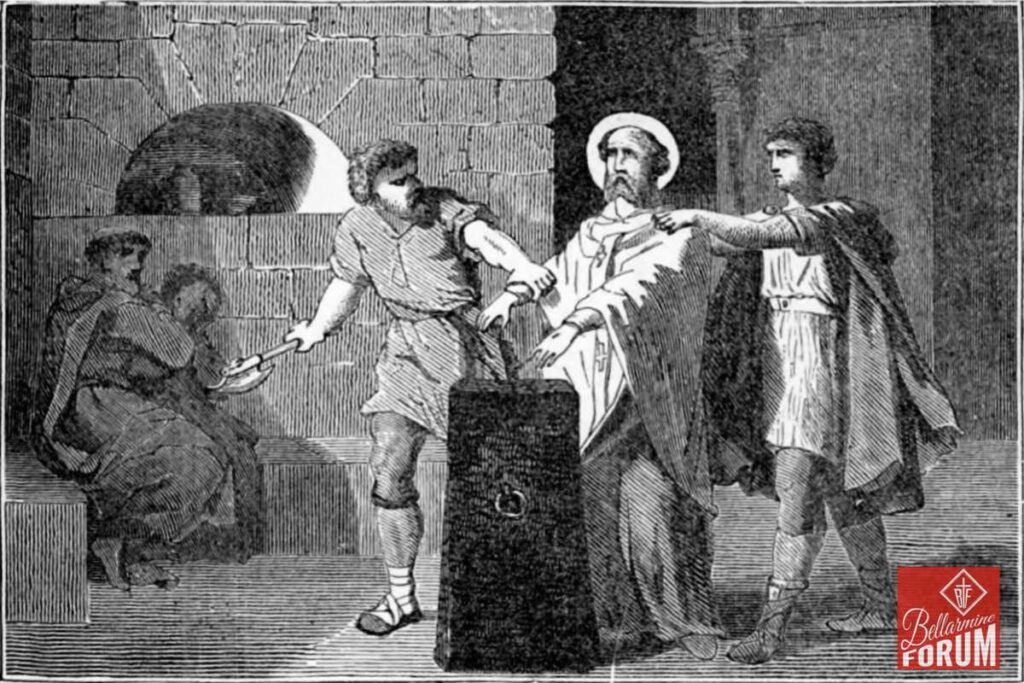 A black and white illustration of a priest performing an exorcism, with two men holding down another man near a large chest. A woman and child observe from the background, in what appears to be an ancient or medieval setting. The priest holds a crucifix and gestures towards the man being restrained, invoking Catholic themes of spiritual deliverance.