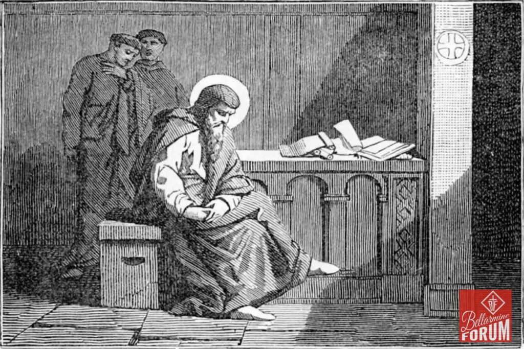 A black and white illustration of a saint kneeling in prayer, with two figures standing behind him. The scene is set indoors near an altar with religious books and a haloed figure, suggesting a Catholic context.