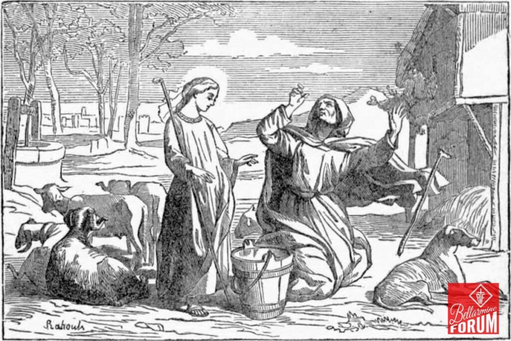 A black and white illustration of a shepherd and a woman with sheep, likely depicting a biblical scene. The shepherd is kneeling by a bucket while the woman stands with a staff, set in a rural landscape.