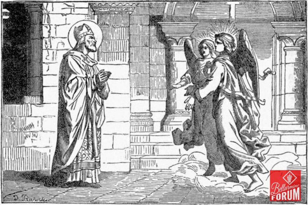 A black and white illustration of a saint in religious attire standing outside a building, praying to three angels descending from the sky. The scene depicts Catholic themes with an emphasis on divine intervention and holiness.