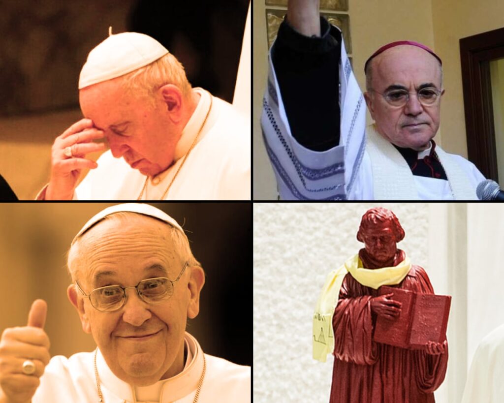 A meme collage of Pope Francis disapproving next to Vigano but happy and approving of Luterh (Fair Use collage/composite for social commentary)